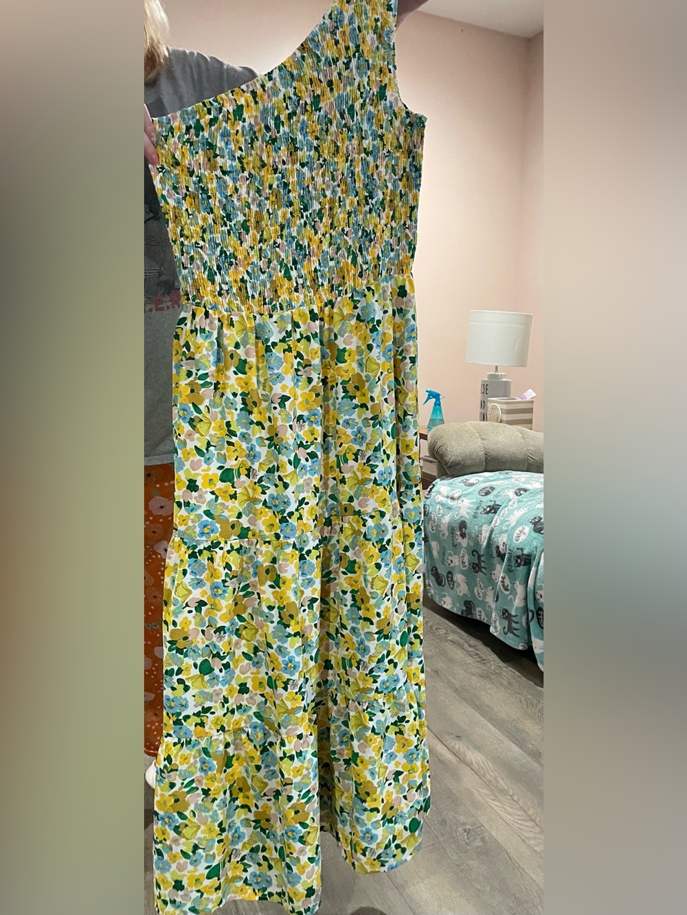 One-Shoulder Floral Midi Dress in Yellow & Blue